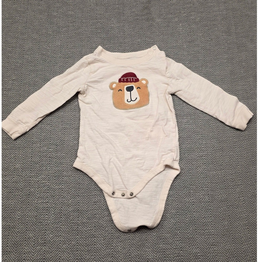 Garanimals Baby 18M Cream Long Sleeve Bodysuit Corduroy Bear Patch Slub Knit